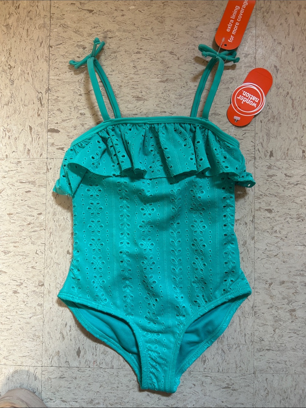 wonder nation Teal Eyelet Ruffle One-Piece Swimsuit size 6-7